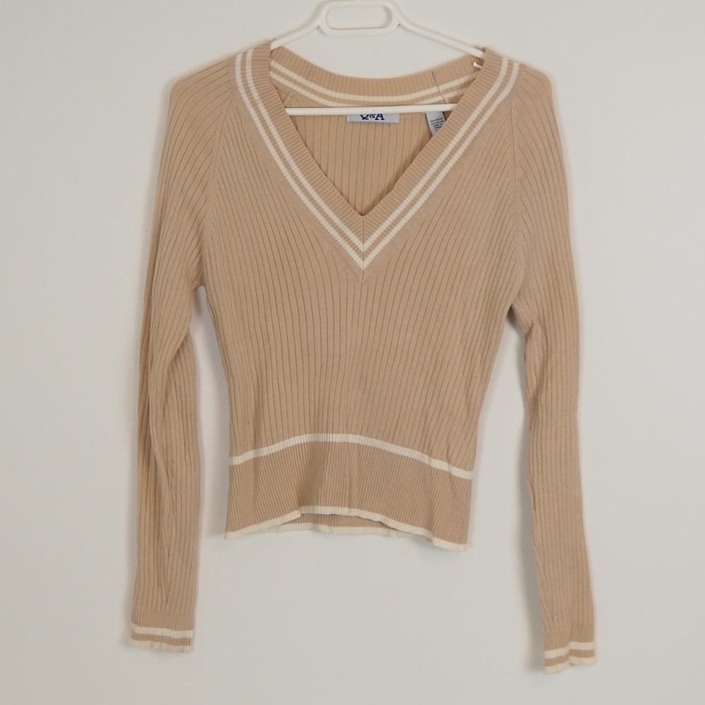Women's Ribbed Knit Tennis Prep Cropped V-Neck Sweater Sz Large Varsity Academia